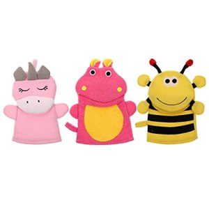Lurrose 3Pcs Baby Bath Mitt Animal Bath Puppet Washcloths Gloves Cute Bee Hippo Unicorn Bath Sponge