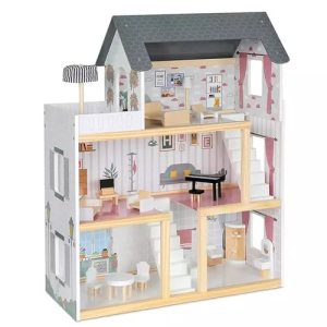 KIDSAVIA® – Big Wooden Dolls House(81cm Tall) with Balcony & Elevator 3 Floors – Dream House Cottage