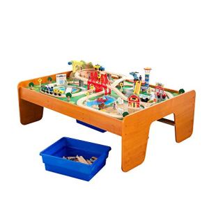 KidKraft Ride Around Town Wooden Train Set and Table with Helicopter, Airplane, Farm, Storage Bins