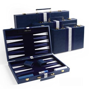 Magic Vosom Travel Large 18 Inch Backgammon Blue Sets Classic Board Game with Premium Leather Case,