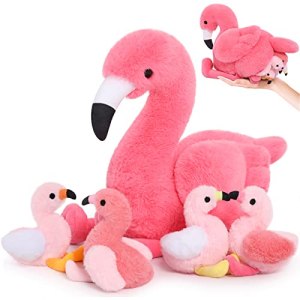 MorisMos Plush Flamingo Stuffed Animal-18 Inch Mommy Stuffed Flamingo with 4 Baby Flamingo Plush Toy