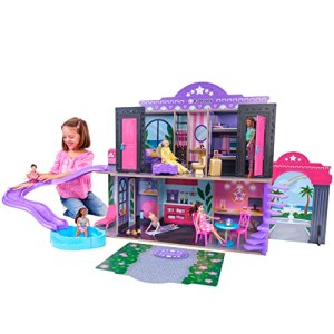 KidKraft 2-in-1 Hotel & Waterslide Dolls House with Furniture and Accessories Included, 2 Storey