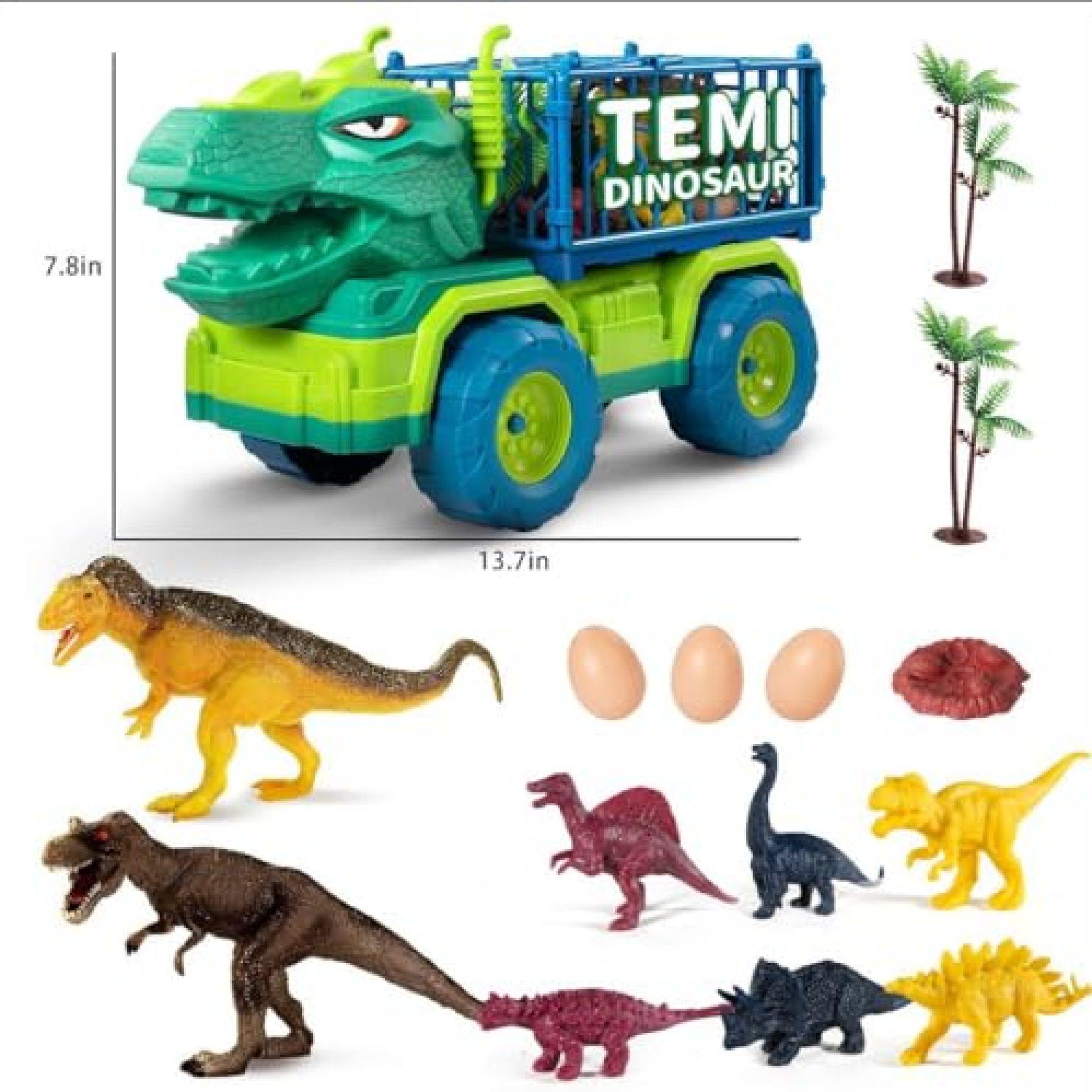 TEMI Dinosaur Truck Toy for Children 3-5 Years, Tyrannosaurus Transport Car Carrier Truck with 8 TEMI Dinosaur Truck Toy for Children 3-5 Years, Tyrannosaurus Transport Car Carrier Truck with 8