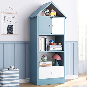 ksamwjf Kids WOODEN BOOKCASE,House-shaped Sturdy Bookshelf Dollhouse,4-tier Book Cabinet With Door