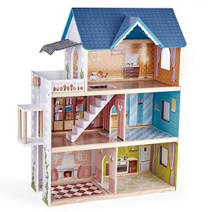 Little Room Pretend Play 3 Story Wooden Doll House w/Light, Doorbell, & Bedroom, Bathroom, Living