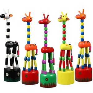 Toyvian Wooden Cute Colorful Giraffe Push Puppets, Dancing Rocking Giraffe, Finger Puppets Wooden