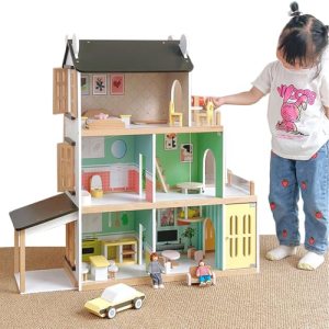 LANGWEI Wooden Doll House, Luminous Large 3-Story Dollhouse, Play House Toy with Lifting Escalator,