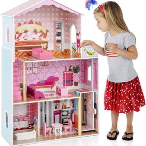 KIDSAVIA® – Big Stylish Wooden Dolls House(108cm Tall) with Balcony & Elevator 3 Floors – Dream