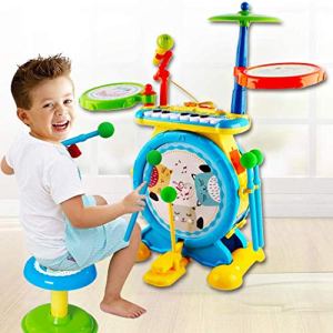 Kids Drum Kit, Electronic Rock and Roll Musical Instruments Drum Toy with Keyboard Microphone and