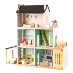KIDSAVIA® – Big Stylish Wooden Dolls House(85 cm Tall) with Balcony & Car Garage – Dream House