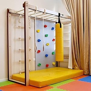 Moon Kids Monkey Bars, Rope Ladder with Yellow Mat with Accessories Climbing Playground Indoor