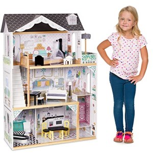 Lil’ Jumbl Kids Wooden Dollhouse, with Elevator, Balcony & Stairs, Accessories & Furniture Included