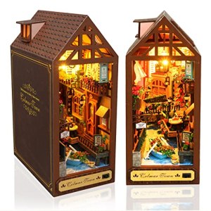 Kiseely Book Nook, DIY 3D Wooden Puzzle, LED Dollhouses Booknook Bookshelf Insert Decor, Town Book