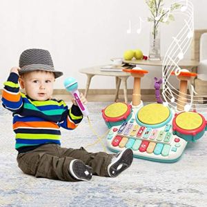 Kids Drum Kit, Toy Drum Set for Children, with Mini Piano Keyboard, Microphone, Drum Sticks,