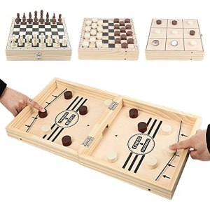 LA65EWQSZ Sling Puck Game, 4-in-1 Wood Sling Puck Chess Checkers Slingshot Hockey, 4-in-1 Sling Puck