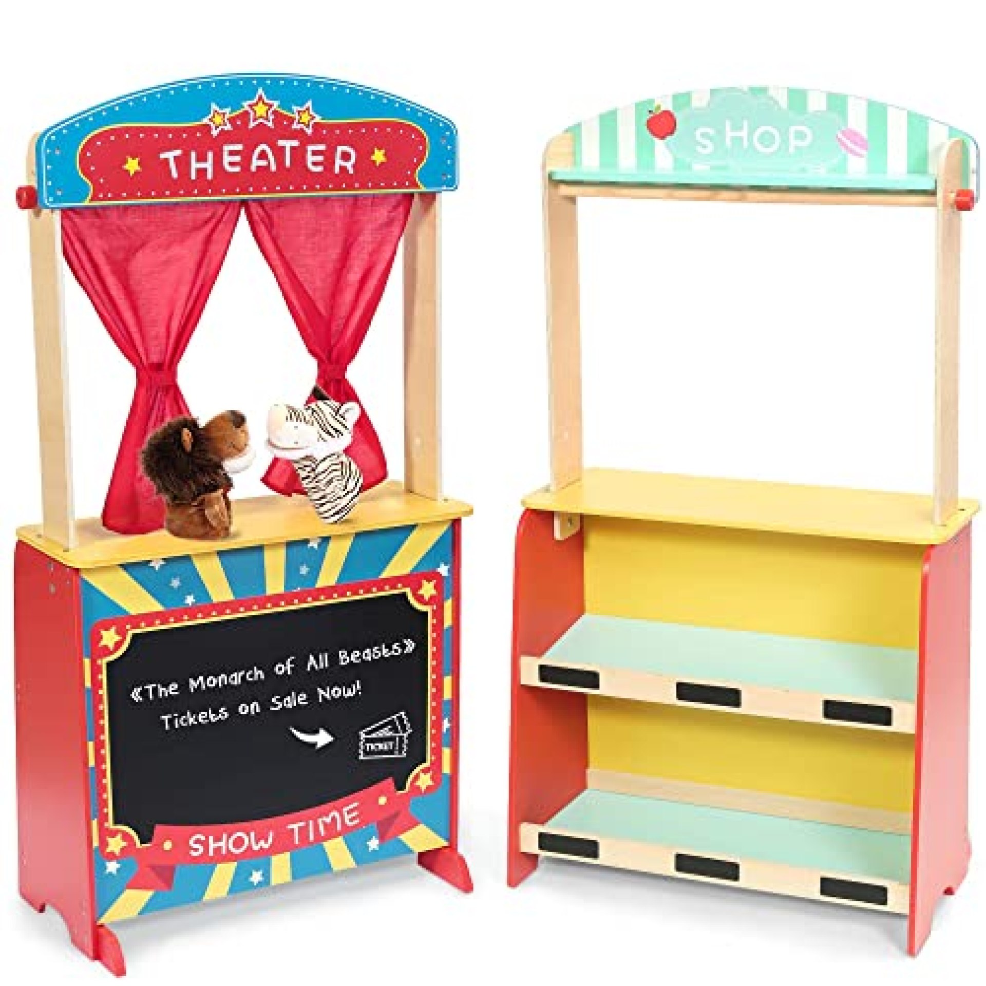 Rundad Wooden Puppet Theater Bonus 2 Hand Puppet, Double-Sided Lemonade Stand & Puppet Show Theater Rundad Wooden Puppet Theater Bonus 2 Hand Puppet, Double-Sided Lemonade Stand & Puppet Show Theater