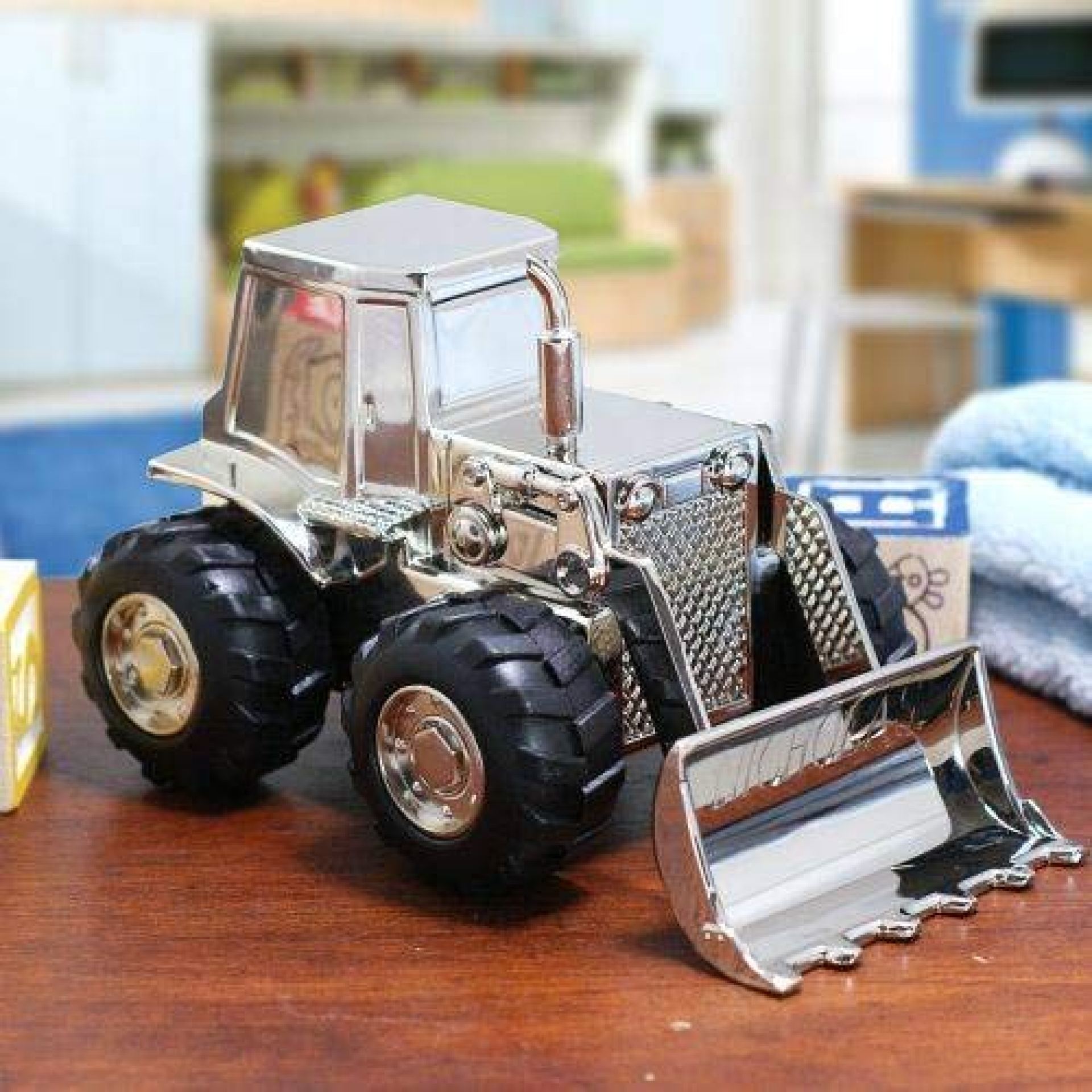 Personalized Front End Loader Tractor-Silver Piggy Bank for Baby, Engraved Unique Coin Baby Bank for Personalized Front End Loader Tractor-Silver Piggy Bank for Baby, Engraved Unique Coin Baby Bank for