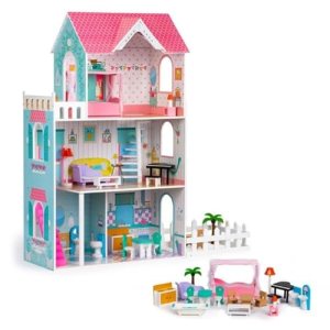 KIDSAVIA® – Big Wooden Dollhouse(120cm Tall) with Garden & Fence 3 Floors – Dream House Cottage with