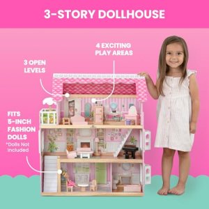 Little Gem Dollhouse – 3-Story Dollhouse with 4 Rooms – Includes 16 Accessories – Fits 5-inch Dolls