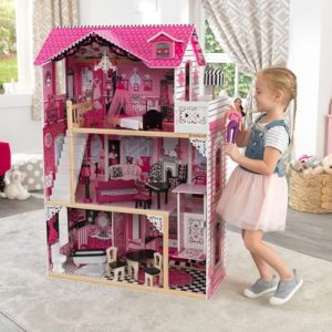 KIDSAVIA® – Big Stylish Wooden Dolls House( 121cm Tall) with Balcony & Elevator 3 Floors – Dream