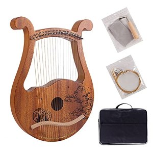 Mahogany Wood 19 String Lyre Harp, Classical Engraving Pattern Lyre with Tuning Lever, Travel Bag,