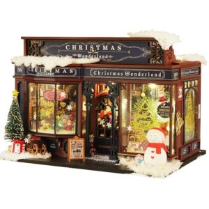 LANGWEI Wooden Doll House, Diy Christmas Theme Miniature House Kit with Dust Cover & LED, Dollhouse