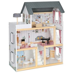 Lil’ Jumbl Jumbl Kids Wooden Dollhouse, 17-Piece Accessories & Furniture are Included, with Balcony