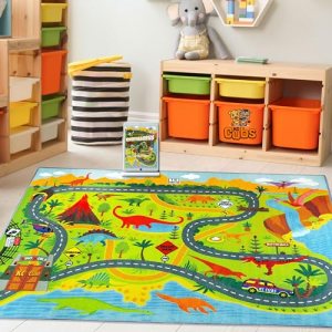 KC CUBS Playtime Collection Dinosaur Dino Safari Road Map Educational Learning Area Rug Carpet for