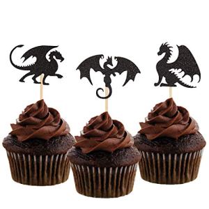 Morndew 24 PCS Black Glitter Dragon Cupcake Toppers Dinosaur Cake Picks for Baby Shower Kids