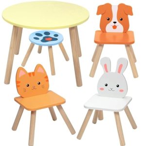 Kids Wooden Animal Table & Chair Set w 4 Seats- Puppy Kitten Bunny Plus Adult Stool for Arts Crafts
