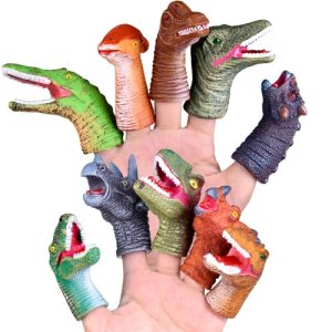 FUN LITTLE TOYS 10 PCS Dinosaur Finger Puppets for Kids Rubber, Soft Realistic Pinata Stuffers Set,