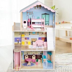 KIDSAVIA® – Tall Pink Doll House with Balcony 115cm Tall- 3 Floors and Stairs- Dream House Cottage