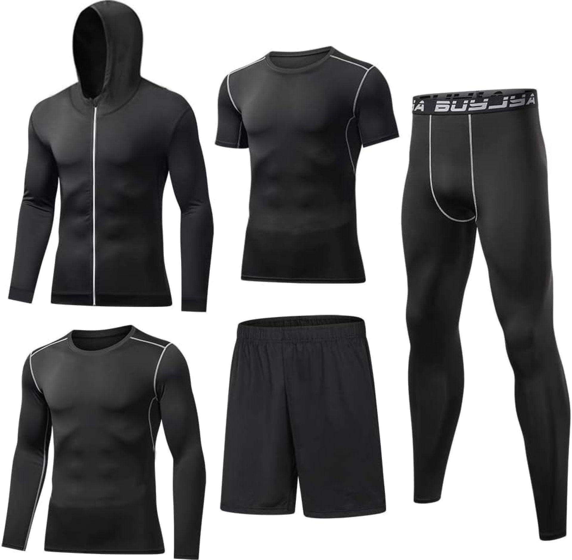 BUYJYA 5Pcs Men’s Compression Pants Shirt Top Long Sleeve Jacket Athletic Sets Gym Clothing Mens Workout BUYJYA 5Pcs Men’s Compression Pants Shirt Top Long Sleeve Jacket Athletic Sets Gym Clothing Mens Workout