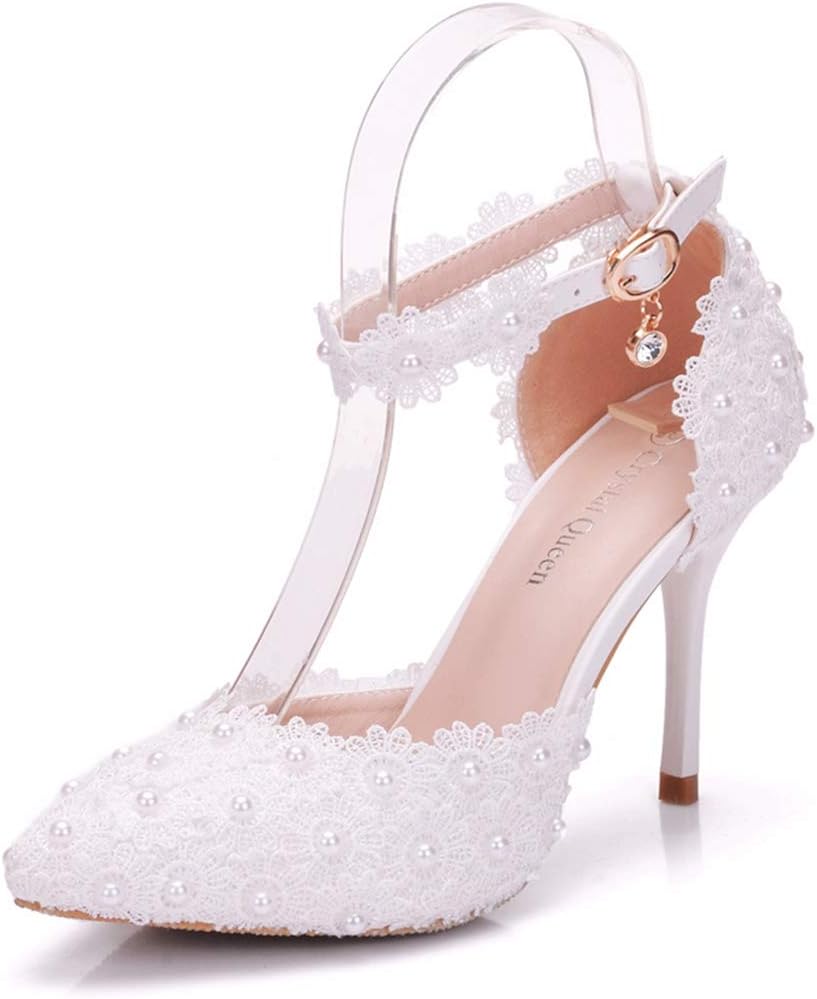 Women High Heels Sandals White Lace Pearls Wedding Shoes Pointed Toe Bridal Shoes Women High Heels Sandals White Lace Pearls Wedding Shoes Pointed Toe Bridal Shoes