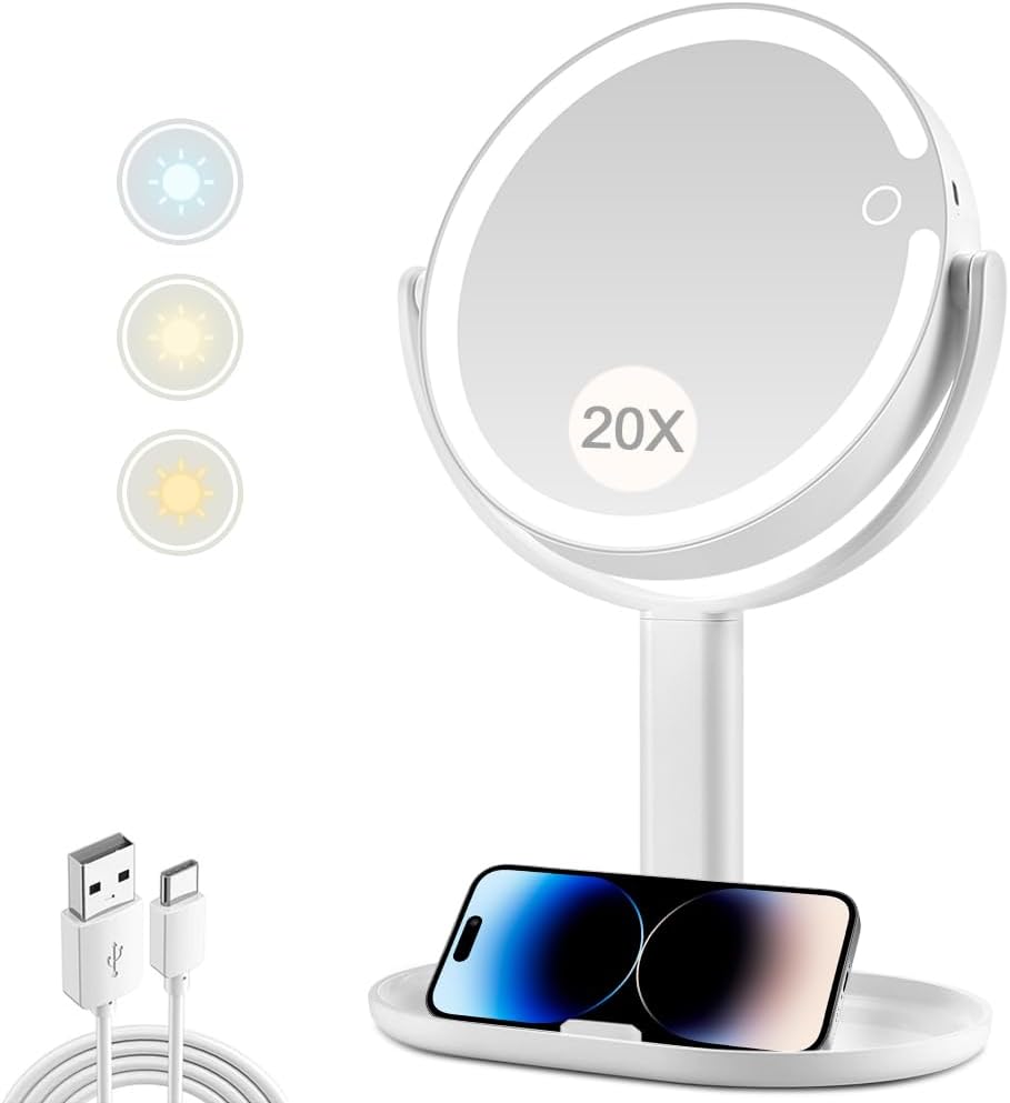 MIYADIVA Makeup Mirror with Lights,20X Magnifying Mirror with Light and Touch Switch,Vanity Mirror with 3 Color Light and 80 LEDs,2-Sided Lighted Magnified Mirror 8.8 Inches MIYADIVA Makeup Mirror with Lights,20X Magnifying Mirror with Light and Touch Switch,Vanity Mirror with 3 Color Light and 80 LEDs,2-Sided Lighted Magnified Mirror 8.8 Inches