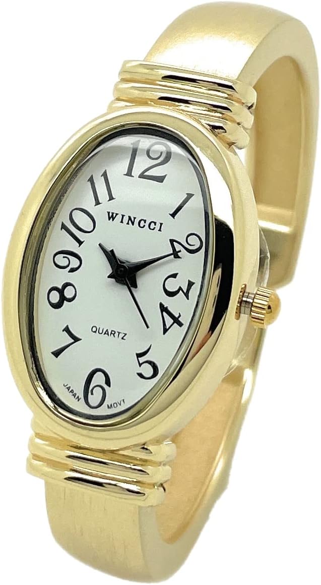 Ladies Oval Case Metal Bangle Cuff Fashion Analog Quartz Watch White Dial with Easy to Read Black Numbers Black Hour Minute Second Hands Ladies Oval Case Metal Bangle Cuff Fashion Analog Quartz Watch White Dial with Easy to Read Black Numbers Black Hour Minute Second Hands