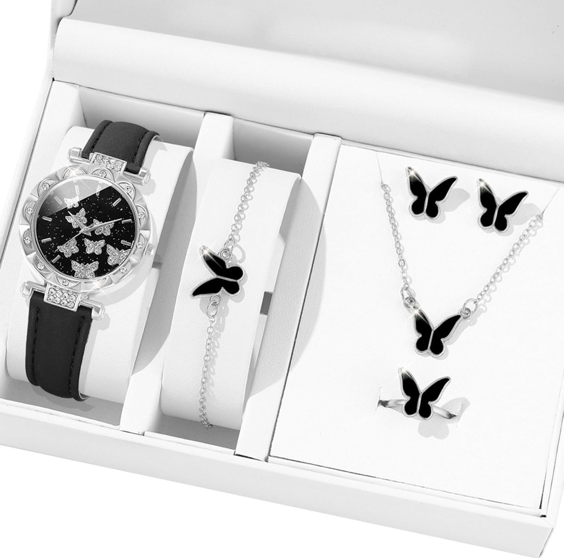 6pcs/Set Luxury Watch Women Rings Necklace Earrings Bracelet Set Butterfly Leather Strap Watches Lady Wristwatch 6pcs/Set Luxury Watch Women Rings Necklace Earrings Bracelet Set Butterfly Leather Strap Watches Lady Wristwatch