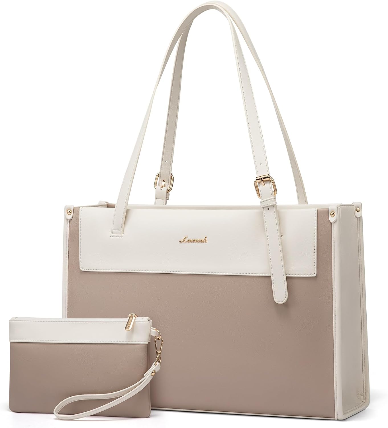 LOVEVOOK Laptop Tote Bag for Women 15.6 Inch Stylish Leather Work Tote Bag Purse Large Capacity And Waterproof Computer Briefcase for Business Office Travel, Khaki Beige LOVEVOOK Laptop Tote Bag for Women 15.6 Inch Stylish Leather Work Tote Bag Purse Large Capacity And Waterproof Computer Briefcase for Business Office Travel, Khaki Beige