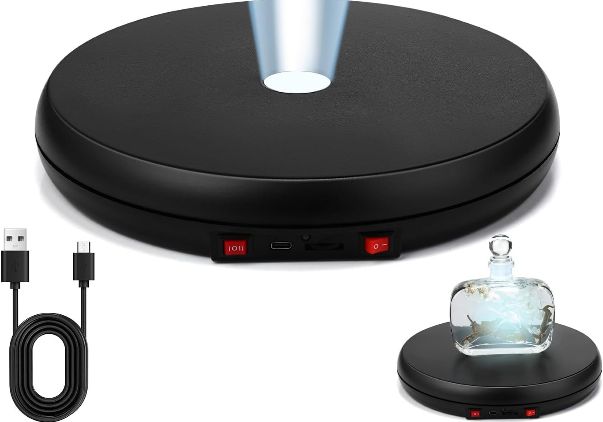 LED Light Motorized Rotating Display Stand Turner 360 Degree Display Spinner 10 Inch/44lbs Black Electric Rotating Display Base with USB Cable for Photography Products Display Jewelry LED Light Motorized Rotating Display Stand Turner 360 Degree Display Spinner 10 Inch/44lbs Black Electric Rotating Display Base with USB Cable for Photography Products Display Jewelry