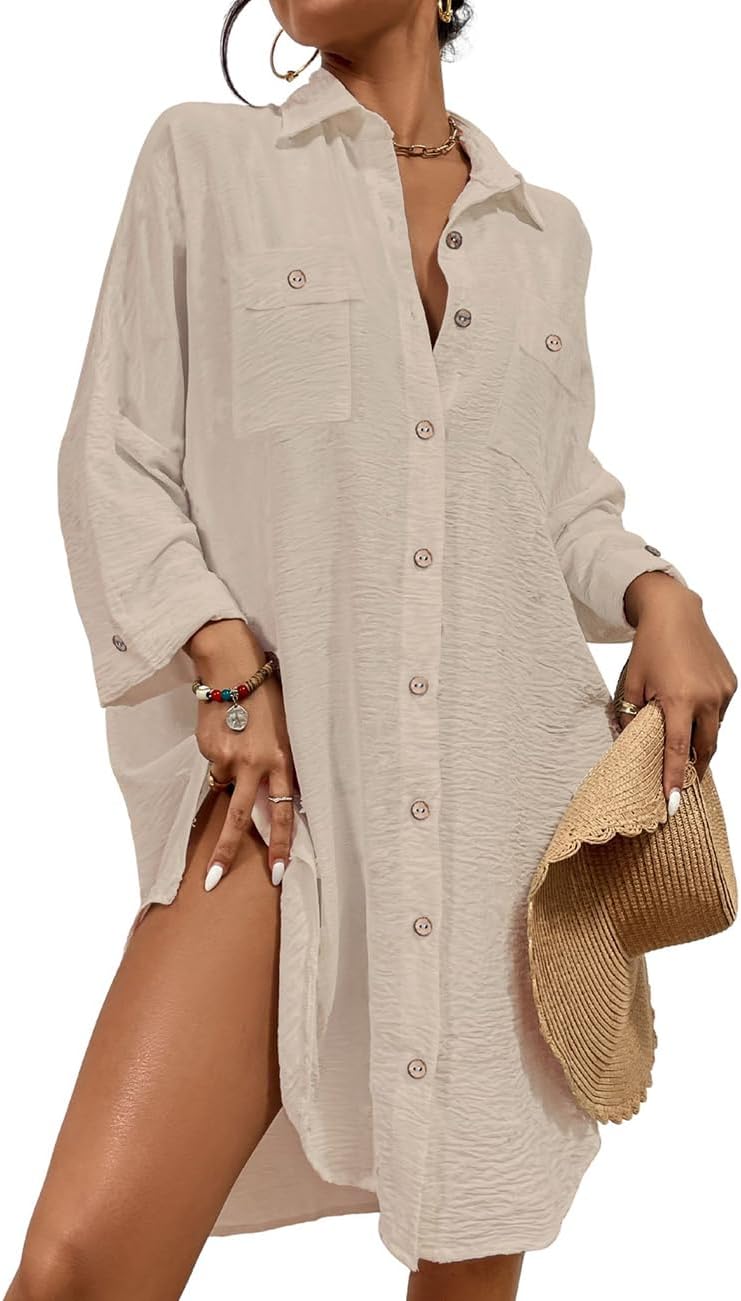 Bsubseach Womens Modern Swimsuit Cover Up Blouse Button Down Shirt Dresses Tops Bsubseach Womens Modern Swimsuit Cover Up Blouse Button Down Shirt Dresses Tops