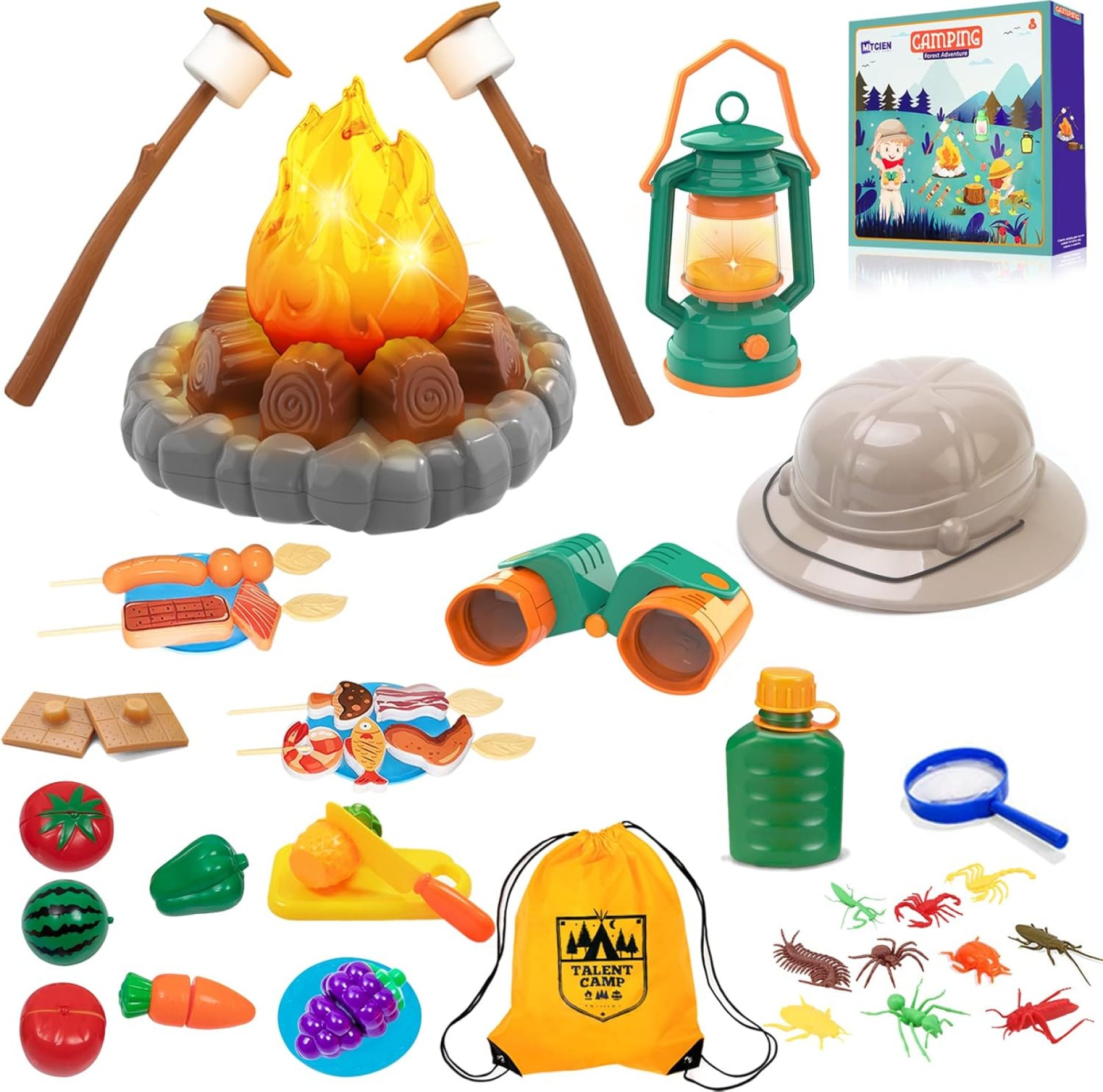 MITCIEN Camping Toys for Kids, Pretend Campfire, Lantern, Safari Hat, Binoculars, Bottle, Toy Food, S’Mores, Toddler Camping Play Set Indoor Outdoor Toys for Kids 3-5 and Up, Boys Girls Gift MITCIEN Camping Toys for Kids, Pretend Campfire, Lantern, Safari Hat, Binoculars, Bottle, Toy Food, S’Mores, Toddler Camping Play Set Indoor Outdoor Toys for Kids 3-5 and Up, Boys Girls Gift