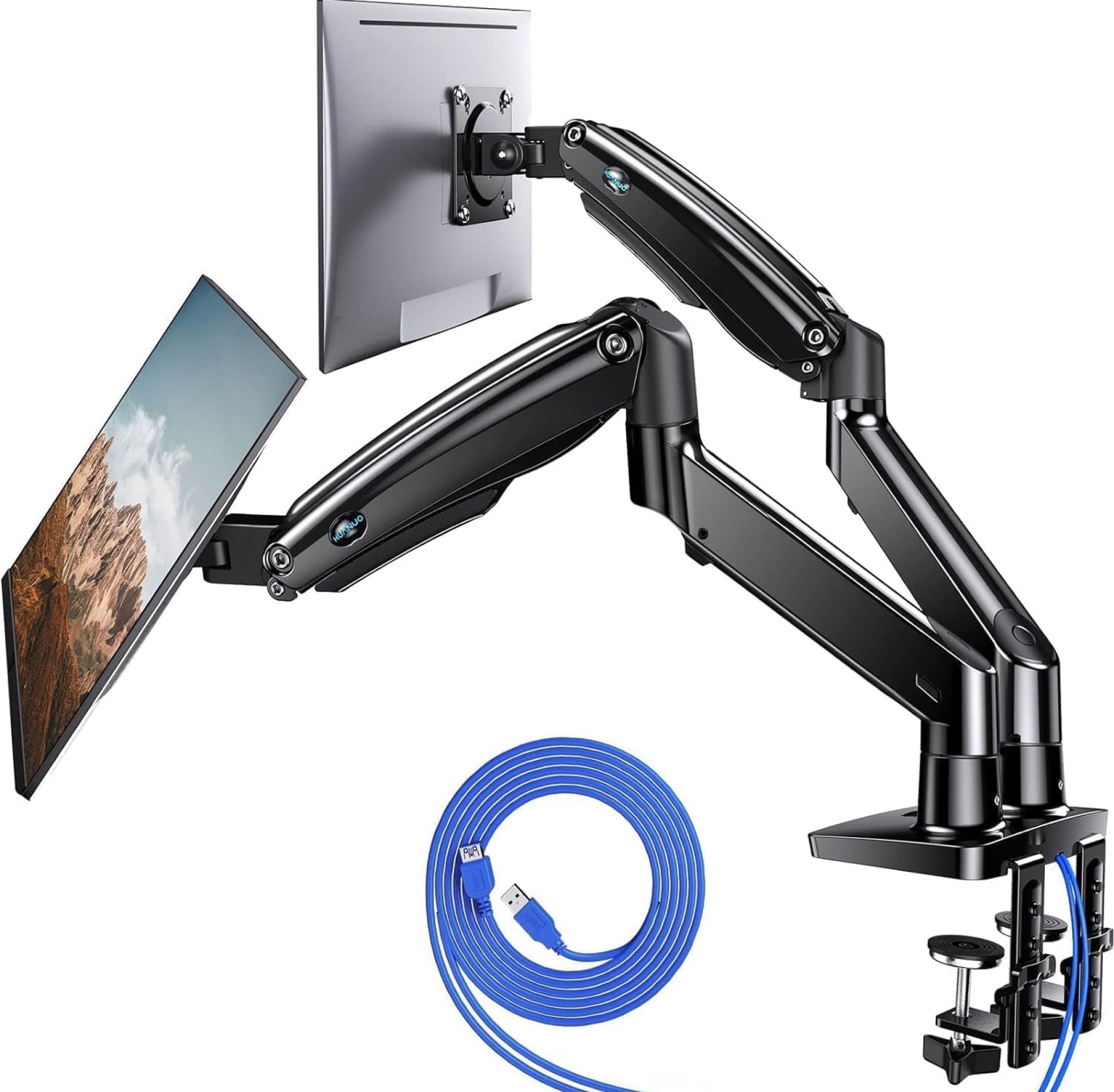 HUANUO Dual Monitor Stand for 13 to 40 inch, Premium Dual Monitor Mount with USB, Height Adjustable Monitor Stand for 2 Monitors, VESA Mount with Clamp/Grommet Base, Each Arm Hold up to 26.4lbs, Black HUANUO Dual Monitor Stand for 13 to 40 inch, Premium Dual Monitor Mount with USB, Height Adjustable Monitor Stand for 2 Monitors, VESA Mount with Clamp/Grommet Base, Each Arm Hold up to 26.4lbs, Black
