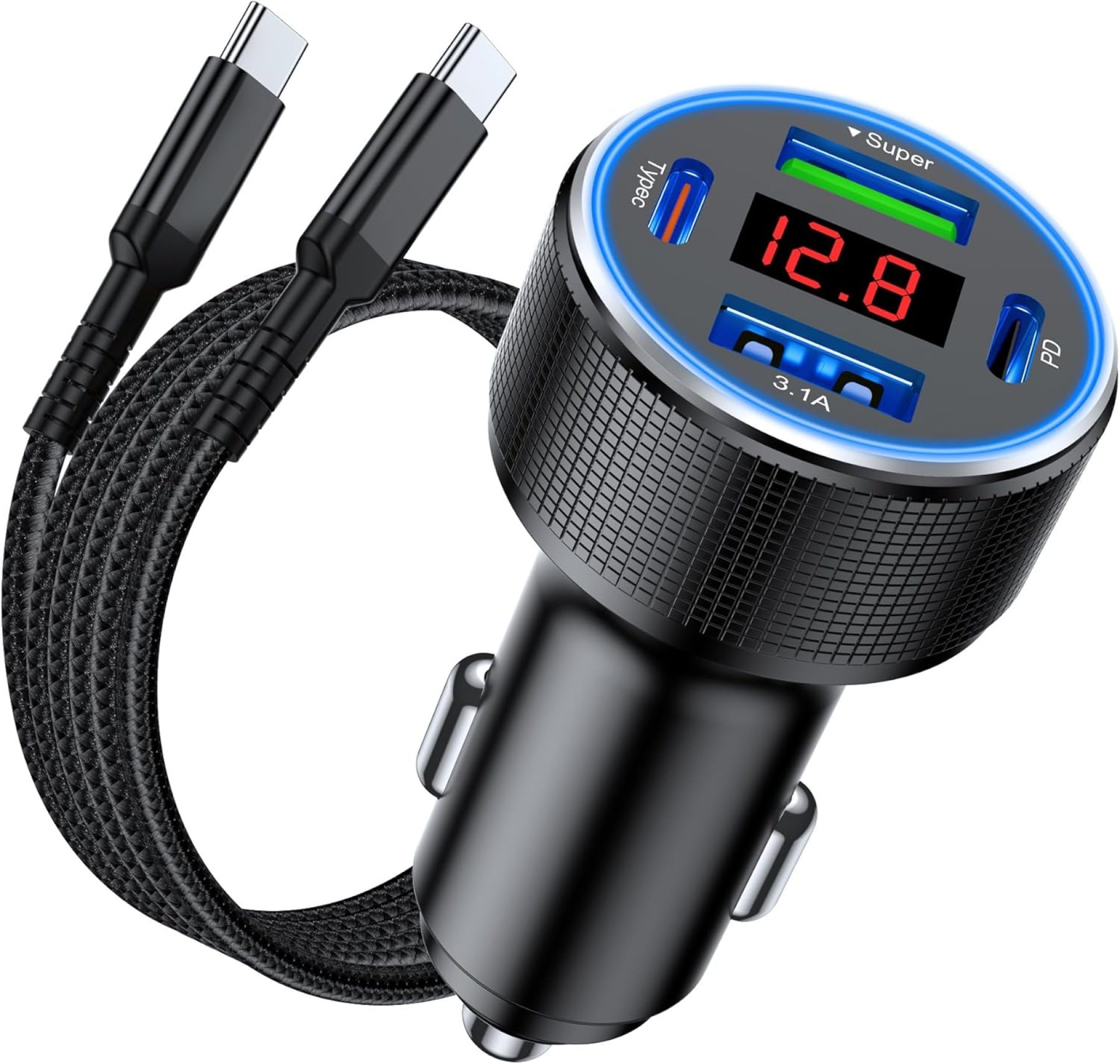 USB C Car Charger Fast Charging USB C Cable, 78W 4 Port iPhone 16 15 Car Charger Adapter with Voltmeter Cigarette Lighter USB Charger for iPhone 16 Pro Max/15 Plus/14/13/12, Samsung Galaxy, iPad USB C Car Charger Fast Charging USB C Cable, 78W 4 Port iPhone 16 15 Car Charger Adapter with Voltmeter Cigarette Lighter USB Charger for iPhone 16 Pro Max/15 Plus/14/13/12, Samsung Galaxy, iPad