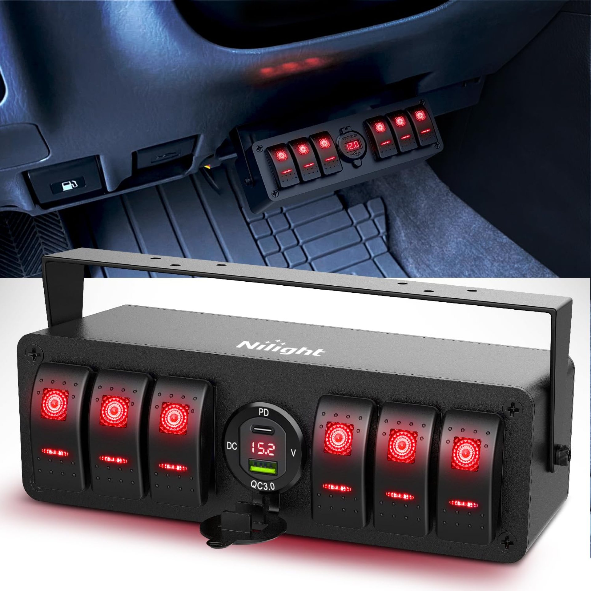 Nilight 6 Gang Rocker Switch Box 12V SPST ON Off Toggle Switches PD Type C and QC 3.0 USB Charger Voltmeter LED Light Waterproof Aluminum Mount Bracket Panel DIY Stickers for Boat Car RV Truck Nilight 6 Gang Rocker Switch Box 12V SPST ON Off Toggle Switches PD Type C and QC 3.0 USB Charger Voltmeter LED Light Waterproof Aluminum Mount Bracket Panel DIY Stickers for Boat Car RV Truck