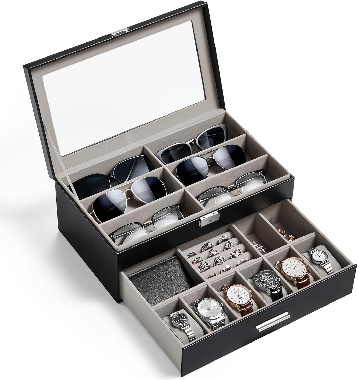 Lifewit 2- layer Sunglasses Organizer with Glass Lid, 6 Slots eyeswear Holder, 6 Slots Watch box, Spaces for Rings, Brooch, Tie Clip, Multiple Eyeglasses Display Case for Men, Gift Idea, Inky Black Lifewit 2- layer Sunglasses Organizer with Glass Lid, 6 Slots eyeswear Holder, 6 Slots Watch box, Spaces for Rings, Brooch, Tie Clip, Multiple Eyeglasses Display Case for Men, Gift Idea, Inky Black