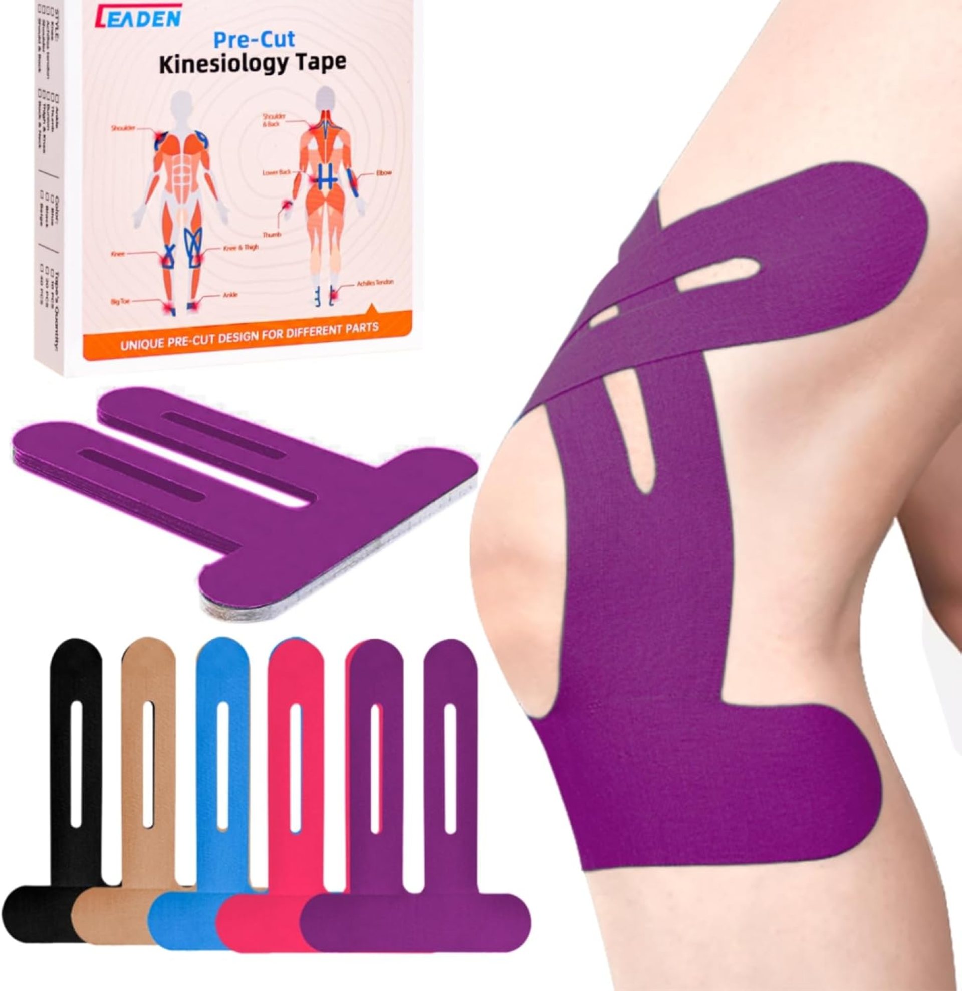 IEADEN Precut Kinesiology Tape for Knees, 10 Pcs – Knee Support & Stability, Knee Pain Relief Athletic Tape – Waterproof & Elastic, Breathable Hypoallergenic Latex-Free Tape, Purple IEADEN Precut Kinesiology Tape for Knees, 10 Pcs – Knee Support & Stability, Knee Pain Relief Athletic Tape – Waterproof & Elastic, Breathable Hypoallergenic Latex-Free Tape, Purple