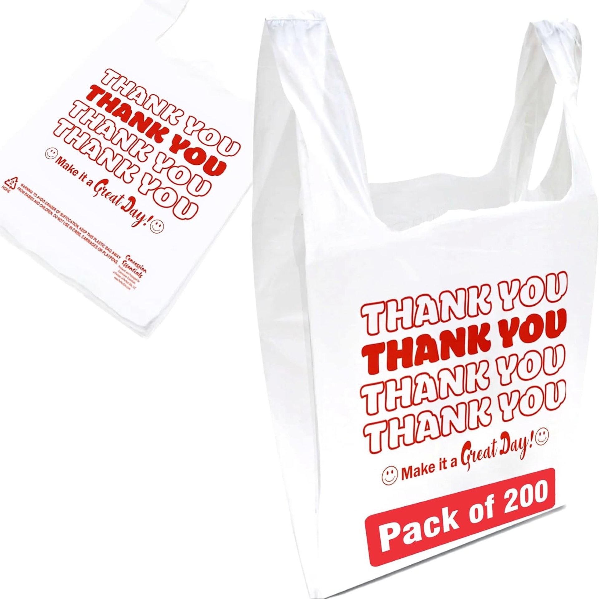 Concession Essentials Disposable & Reusable Thank You T-Shirt Bags- Pack of 200 Concession Essentials Disposable & Reusable Thank You T-Shirt Bags- Pack of 200