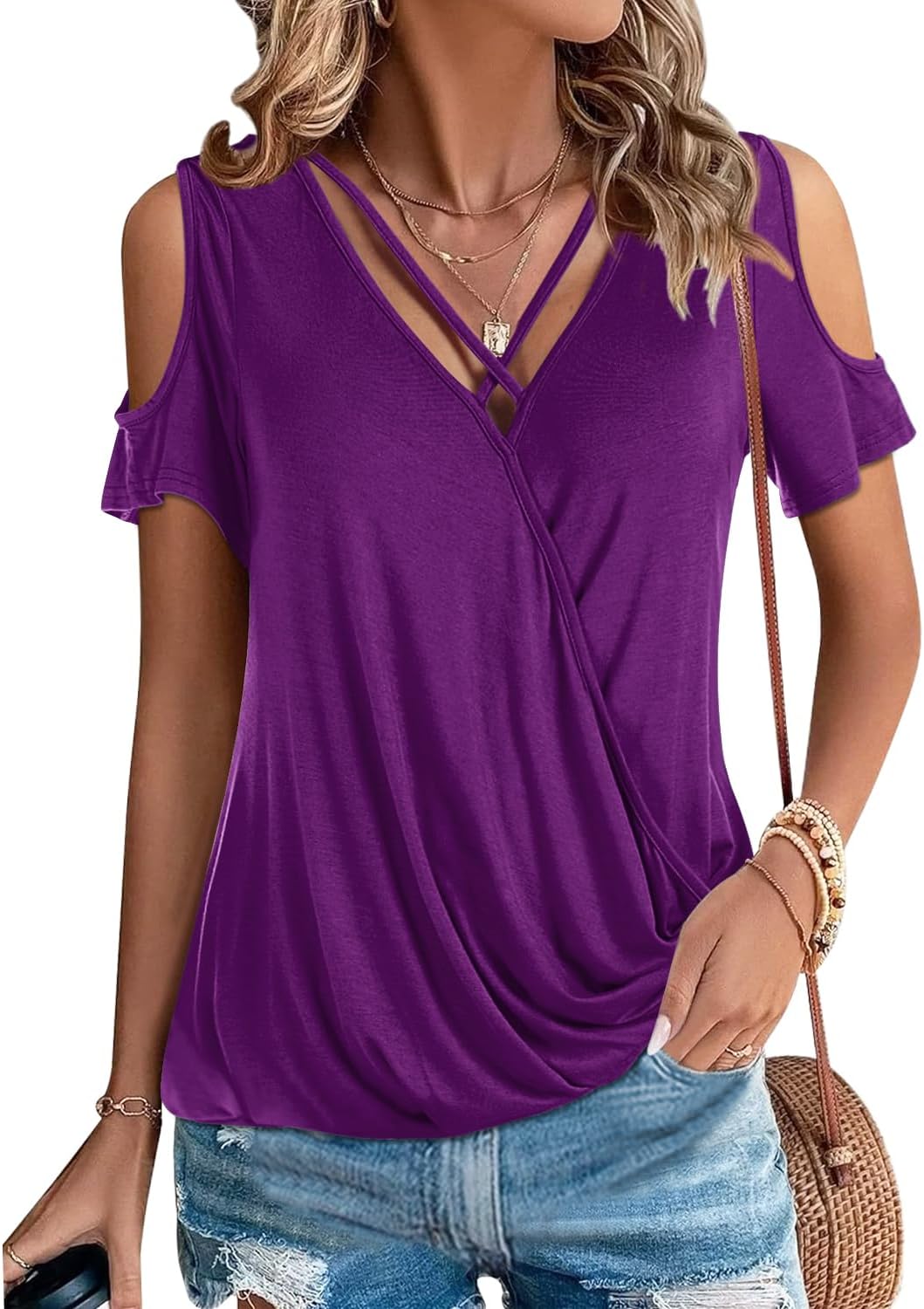 LEIYEE Womens Summer Cold Shoulder Tops Sexy Casual Short Sleeve Wrap V Neck T Shirts Cute Loose Fit Blouse LEIYEE Womens Summer Cold Shoulder Tops Sexy Casual Short Sleeve Wrap V Neck T Shirts Cute Loose Fit Blouse