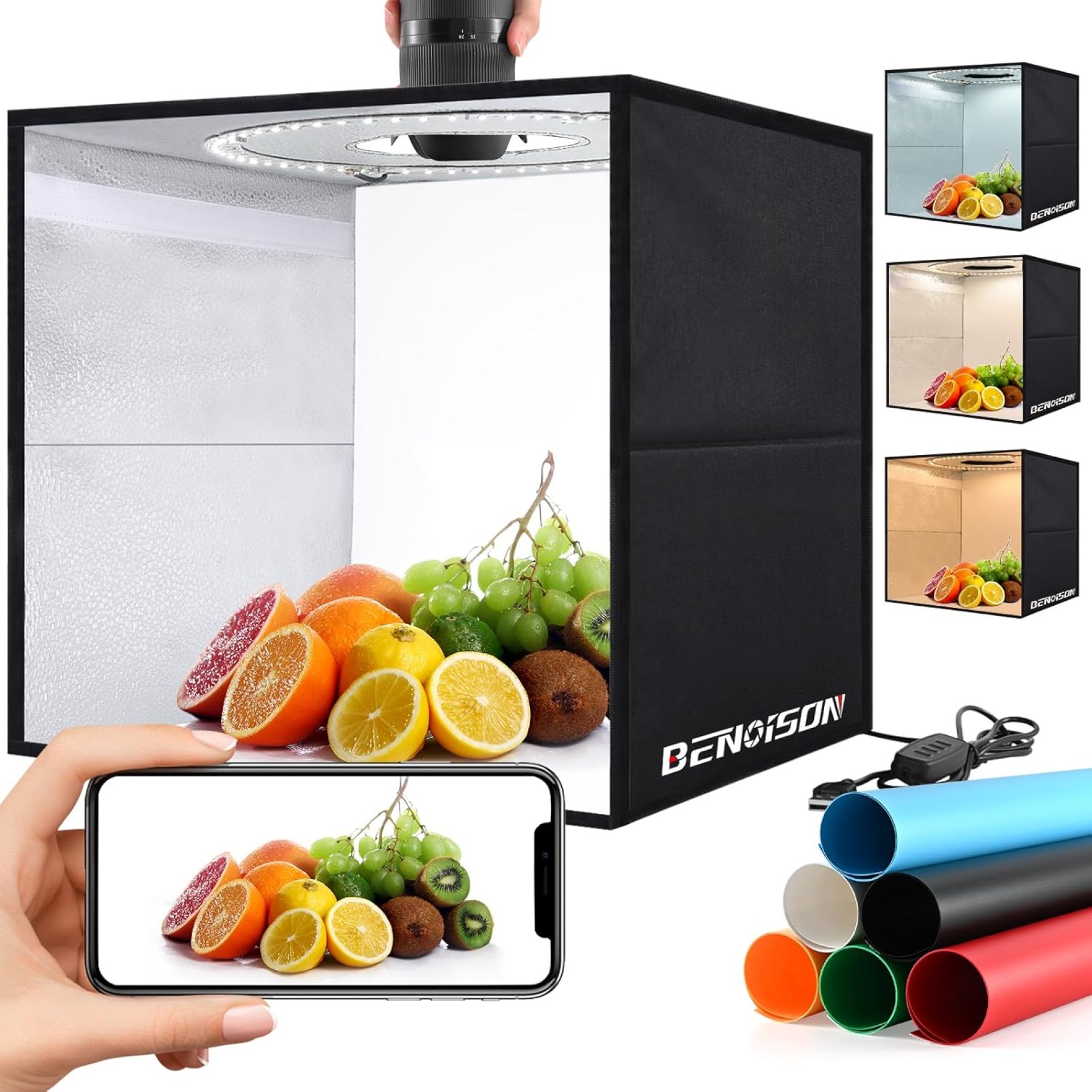 Light Box Photography – 12″x12″ Portable Shooting Tent with 120 LEDs & 6 Backdrops for Jewelry & Small Product Photography Light Box Photography – 12″x12″ Portable Shooting Tent with 120 LEDs & 6 Backdrops for Jewelry & Small Product Photography