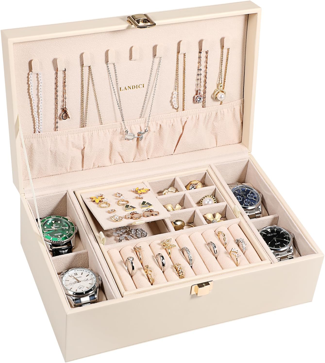 LANDICI Jewelry Box Organizer for Men Women, 2 Layer 4 Slot Watch Storage Case with Removable Tray, PU Leather Large Jewellery Holder Display for Watches Sunglasses Rings Earrings Necklace, Apricot LANDICI Jewelry Box Organizer for Men Women, 2 Layer 4 Slot Watch Storage Case with Removable Tray, PU Leather Large Jewellery Holder Display for Watches Sunglasses Rings Earrings Necklace, Apricot